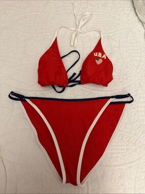 wild fable Red Triangle Bikini with Navy and White Trim